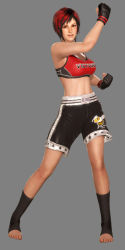 1girl 3d absurdres black_hair black_legwear boxing_shorts breasts clenched_hands dead_or_alive dead_or_alive_6 feet female_focus fingerless_gloves full_body gloves grey_background highres looking_at_viewer medium_breasts midriff mila_(doa) multicolored_hair no_shoes official_art open_mouth red_hair short_hair shorts simple_background sleeveless smile solo tank_top toeless_legwear toes