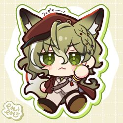 Rule 34 | 1boy, animal ears, arknights, artist name, blush, braid, brown hat, character name, chibi, chibi only, closed mouth, commentary request, figurino (arknights), hat, looking at viewer, male focus, natori nato, tail, wolf boy, wolf ears, wolf tail