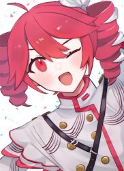 1girl ahoge blush bow buttons double-breasted drill_hair hair_between_eyes hair_bow hair_ribbon highres jacket kasane_teto kasane_teto_(sv) layered_sleeves looking_at_viewer musical_staff musical_staff_print one_eye_closed open_mouth red_eyes red_hair red_trim ribbon sansansanza shoulder_belt solo striped_clothes striped_jacket synthesizer_v twin_drills upper_body utau white_background white_bow white_ribbon