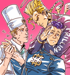 3boys akira_atsushi bad_id bad_pixiv_id black_hair blonde_hair brothers chef_hat gakuran halo hat jojo_no_kimyou_na_bouken male_focus mini_wings multiple_boys nijimura_keicho nijimura_okuyasu pompadour scar school_uniform siblings tonio_trussardi wings