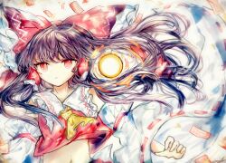 1girl ascot bow collar detached_sleeves dodging expressionless fireball hair_tubes hakurei_reimu long_hair long_sleeves midriff navel ofuda red_bow red_eyes red_shirt sanuo shirt solo stomach touhou upper_body white_background white_collar white_sleeves yellow_ascot