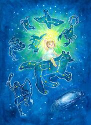 1boy 1girl arm_up baby_animal bare_legs barefoot bear bird blush brown_hair canis_minor_(constellation) child club_(weapon) constellation crab dog draco_(constellation) dragon dress galaxy highres medium_hair nibii open_mouth original orion_(constellation) puppy scorpius_(constellation) smile star_(sky) ursa_major_(constellation) ursa_minor_(constellation) weapon white_dress wide_shot
