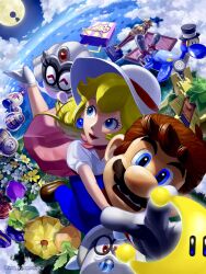 blonde_hair blue_eyes brown_hair cappy_(mario) dorrie earrings gloves hat high_heels highres jewelry lipstick looking_back makeup mario mario_(series) nintendo odyssey_(super_mario_odyssey) open_mouth pauline_(mario) pink_lips power_moon princess_peach princess_peach_(vacation) shiverian statuette steam_gardener super_mario_odyssey tiara_(mario) volbonan white_gloves yuuma_rimi