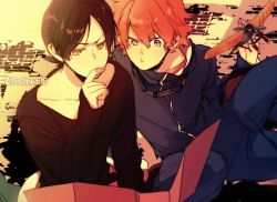 2boys :t black_hair blue_eyes brown_eyes collarbone datsugoku_(vocaloid) finger_to_mouth goggles goggles_around_neck ikuhiro_(19nnnkti16) kawasemi_(datsugoku) kuina_(datsugoku) long_sleeves looking_down male_focus multiple_boys parted_hair reading red_hair toy_airplane twitter_username vocaloid