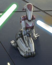 Rule 34 | 1other, arm support, b1 battle droid, blue lightsaber, commentary, droid, energy sword, english commentary, full body, green lightsaber, highres, humanoid robot, kneeling, lightsaber, looking at viewer, phallic symbol, robot, science fiction, seiza, sitting, star wars, sword, telepurte, thighs, weapon