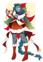 1girl absurdres adoptable animal_ears blue_hair boots border breasts cleavage closed_mouth dress flower full_body furry furry_female gen_1_pokemon highres holding ivysaur kisselmr long_hair nintendo nostrils personification poinsettia pokemon red_boots red_dress santa_costume santa_dress signature smile solo thighhighs white_border yellow_eyes