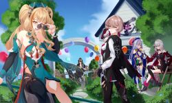 1boy 4girls 5girls absurdres baiji_(honkai_impact) balloon bare_shoulders black_gloves blonde_hair blue_dress blue_eyes blue_sky boots breasts brown_hair building cloud cup day detached_sleeves dress eyepatch gloves grey_hair hair_ornament hat highres holding honkai_(series) honkai_impact_3rd klukwa klukwa_(pixiv_106173704) lantern_(honkai_impact) long_hair long_sleeves looking_at_viewer multiple_girls open_mouth outdoors pantyhose ponytail red_eyes serapeum_(honkai_impact) shirt short_hair single_thighhigh sitting sky smile songque songque_(jovial_deception:_shadowdimmer) sunglasses teacup thelema_nutriscu thighhighs tinted_eyewear torn_clothes tree twintails yellow_eyes