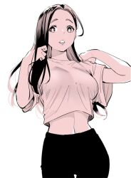 1girl adjusting_clothes black_pants breasts cowboy_shot crop_top hand_in_own_hair hands_up hongou_miyuki large_breasts long_hair looking_at_viewer midriff monochrome pants parted_lips sawaranaide_kotesashi-kun shinjou_takuya simple_background solo standing stomach stomach_day straight_hair white_background