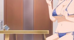 1girl animated animated_gif bikini blue_bikini breasts brown_hair cellphone cleavage collarbone closed_eyes getsuyoubi_no_tawawa groin kouhai-chan_(tawawa) large_breasts mole mole_under_eye navel phone short_hair side-tie_bikini_bottom sideboob sitting stomach swimsuit table thighs underboob