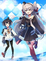 Rule 34 | 2girls, amatsukaze (kancolle), amatsukaze kai ni (kancolle), anchor symbol, black hair, black pantyhose, blue sailor collar, blue sky, brown eyes, cloud, dress, full body, garter straps, gloves, gradient hair, grey hair, grey neckerchief, hair tubes, hat, highres, kantai collection, long hair, machinery, mini hat, multicolored hair, multiple girls, neckerchief, pantyhose, red thighhighs, rensouhou-kun, rudder footwear, sailor collar, sailor dress, seamed legwear, short dress, short hair, short hair with long locks, side-seamed legwear, single glove, sky, smokestack hair ornament, striped clothes, striped thighhighs, thighhighs, tied dress, tokitsukaze (kancolle), two side up, white dress, white gloves, white sailor collar, yellow neckerchief, yukichi (eikichi)