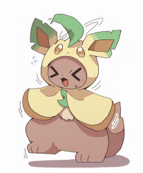 Rule 34 | &gt; &lt;, animal focus, closed eyes, clothed pokemon, commentary request, cosplay, eevee, flying sweatdrops, full body, gen 1 pokemon, gen 4 pokemon, highres, hood, hood up, kemosuk, leafeon, leafeon (cosplay), motion lines, nintendo, no humans, open mouth, pokemon, pokemon (creature), pokemon focus, simple background, solo, sweatdrop, white background