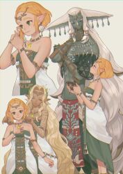 1boy 2girls armlet bare_shoulders blonde_hair bracelet braid closed_mouth crown_braid dark-skinned_male dark_skin dress earrings feet_out_of_frame from_side green_dress green_eyes hand_up height_difference highres holding ivy_(sena0119) jewelry looking_at_another multicolored_dress multiple_girls nintendo parted_bangs pointy_ears princess_zelda profile rauru_(tears_of_the_kingdom) sheikah_slate short_hair simple_background smile sonia_(zelda) the_legend_of_zelda the_legend_of_zelda:_tears_of_the_kingdom white_background white_dress zonai