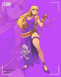 Rule 34 | 1girl, b. jenet, bare shoulders, blonde hair, blue eyes, breasts, cleavage, dress, edwin huang, fatal fury, fingerless gloves, full body, gloves, long hair, medium breasts, purple dress, solo, solo focus, zoom layer