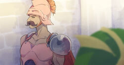 1boy armor black_facial_hair blurry blurry_foreground brick_wall cape closed_eyes collarbone commentary_request covered_pectorals dragon_quest dragon_quest_iv facial_hair fukusuu_(zeonms_06s) helmet male_focus mustache partial_commentary pauldrons pectorals pillar pink_armor pink_helmet plume red_cape ryan_(dq4) shoulder_armor single_pauldron solo tan upper_body