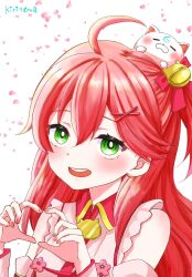 Rule 34 | 1girl, ahoge, bell, commentary request, green eyes, hair bell, hair ornament, hairclip, hands up, heart, heart hands, highres, hololive, japanese clothes, jingle bell, kimono, kiritoma, long hair, looking at viewer, nail polish, one side up, open mouth, petals, pink nails, red hair, sakura miko, sakura miko (1st costume), shirt, signature, simple background, sleeveless, sleeveless kimono, solo, upper body, virtual youtuber, white background, white kimono, white shirt, x hair ornament