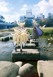 2girls animal_ears arknights blonde_hair braid braided_hair_rings fox_ears fox_girl fox_tail hair_rings highres kitsune kyuubi long_hair matsuoka_(mtok_0) mother_and_daughter multiple_girls multiple_tails outdoors photo_background suzuran_(arknights) tail vulpisfoglia_(arknights)