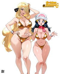 2girls absurdres beanie bikini blonde_hair blue_eyes blue_hair breasts cleavage curvy cynthia_(pokemon) dawn_(pokemon) dynamax_band gold_bikini grey_eyes hair_over_one_eye hat highres kyoffie large_breasts long_hair multiple_girls navel nintendo open_mouth pokemon pokemon_dppt simple_background standing swimsuit thighs very_long_hair white_background