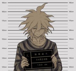 1boy ai_(meira32373165) alternate_costume closed_eyes collarbone commentary_request danganronpa_(series) danganronpa_2:_goodbye_despair diagonal_stripes grey_background grey_hair highres holding komaeda_nagito long_sleeves male_focus messy_hair mugshot nail_polish prison_clothes shirt smile solo spiked_hair striped_background striped_clothes striped_shirt translation_request upper_body vertical_stripes