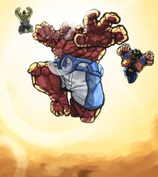 Rule 34 | arm hair, artist request, avengers (series), ben grimm, claw (weapon), colored skin, fantastic four, green skin, highres, hulk, jacket, large pectorals, looking at another, male focus, marvel, marvel rivals, muscular, muscular male, pectorals, short hair, superhero costume, weapon, wolverine (x-men), x-men