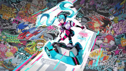 1girl amy_rose animal_ear_headphones animal_ears black_boots black_gloves black_shirt black_shorts blue_eyes blue_hair boots cameo cat_ear_headphones character_name charmy_bee colored_shoe_soles commentary_request copyright_name copyright_notice diva_macchina dr._eggman elbow_gloves espio_the_chameleon fake_animal_ears fingerless_gloves floating_hair flying full_body gloves graffiti hair_between_eyes hatsune_miku headphones headset highres holographic_clothing hoverboard jacket jet_the_hawk knuckles_the_echidna logo long_hair looking_at_viewer metal_sonic official_art open_clothes open_jacket running second-party_source shadow_the_hedgehog shirt short_sleeves shorts signature silver_the_hedgehog smile solo sonic_(series) sonic_racing:_crossworlds sonic_the_hedgehog sonic_the_hedgehog_official star_(symbol) storm_the_albatross tails_(sonic) twintails vector_the_crocodile very_long_hair vocaloid wave_the_swallow white_jacket zazz