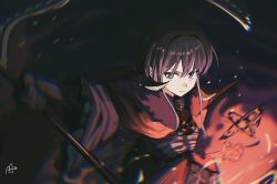 1girl blue_eyes bow brown_hair cape closed_mouth commentary_request girls_band_cry gloves haidao_mao highres holding holding_scythe iseri_nina looking_at_viewer magic red_bow red_cape scythe short_hair solo