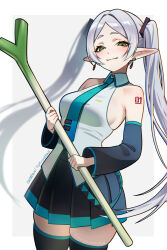 1girl artist_name black_skirt black_sleeves black_thighhighs blue_necktie blush breasts closed_mouth commentary cosplay cowboy_shot detached_sleeves earrings elf english_commentary frieren green_eyes hatsune_miku hatsune_miku_(cosplay) highres jewelry long_hair looking_at_viewer medium_breasts necktie patreon_username pleated_skirt pointy_ears skirt smile solo sousou_no_frieren spring_onion thighhighs thighs tofuubear twintails vocaloid zettai_ryouiki