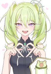1girl absurdres bare_arms bare_shoulders black_shirt breasts chico_(yuzuha_riko) collared_shirt commentary_request g_godocbaek green_hair hair_ornament hands_up heart heart_hands highres korean_commentary long_hair looking_at_viewer neck_ribbon open_mouth purple_eyes ribbon shirt sleeveless sleeveless_shirt small_breasts smile solo stellive twintails upper_body virtual_youtuber yuzuha_riko
