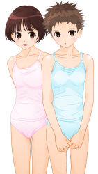 2girls arms_behind_back blue_camisole blue_panties blush breasts brown_eyes brown_hair cameltoe camisole collarbone crotch_seam dedenden_(pixiv30568724) looking_at_viewer multiple_girls open_mouth original panties pink_camisole pink_panties short_hair small_breasts smile spiked_hair standing underwear white_background