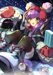 Rule 34 | 1girl, boots, cape, emil chronicle online, food, highres, hood, night, night sky, open mouth, pantyhose, pepen alma, popsicle, purple hair, quinzhee, red ribbon, ribbon, sitting, sky, snow shelter, yellow eyes, yupi828