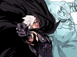 Rule 34 | 1boy, 1girl, cape, evilgun, ghost, gloves, isolde (kof), jojo no kimyou na bouken, multicolored hair, nameless (kof), ono daisuke, pointing, stand (jojo), the king of fighters, two-tone hair, voice actor connection