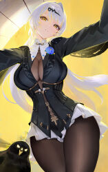 1girl absurdres bird black_bird black_pantyhose black_unitard blue_flower bodystocking breasts commentary_request flower flower_on_chest from_below hair_ornament hairclip highres large_breasts le_(huanglongen) long_hair long_sleeves looking_at_viewer official_alternate_costume pantyhose parted_lips pov reaching reaching_towards_viewer solo white_hair yellow_eyes yi_xuan_(trails_of_ink)_(zenless_zone_zero) yi_xuan_(zenless_zone_zero) zenless_zone_zero