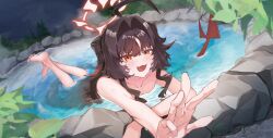 1girl absurdres black_hair blue_archive blush brown_eyes completely_nude demon_girl demon_horns fang halo highres hisashi_punch horns kasumi_(blue_archive) looking_at_viewer nude onsen open_mouth partially_submerged reaching reaching_towards_viewer red_halo solo wet