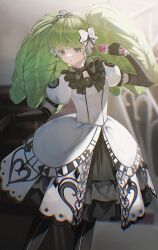 1girl black_bow black_bowtie black_gloves black_pantyhose blurry blurry_background bow bowtie colored_eyelashes cowboy_shot dress elbow_gloves empty_eyes expressionless falulu frilled_dress frills gloves green_hair grey_eyes hair_bow headset highres holding holding_microphone indoors long_hair microphone pantyhose parted_lips pretty_series pripara puffy_short_sleeves puffy_sleeves sho_(sho_oe4) short_sleeves solo tiara twintails white_bow white_dress