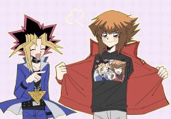 Rule 34 | 2boys, belt, black belt, black collar, black hair, black shirt, blonde hair, blue jacket, blue pants, blush stickers, brown eyes, brown hair, chain, chain necklace, closed eyes, clothes pull, collar, colored tips, domino high school uniform, fang, flat color, grey pants, hand up, hands up, happy, heart hands failure, highres, hit rigt, jacket, jewelry, male focus, medium hair, millennium puzzle, multicolored hair, multiple boys, muto yugi, necklace, one eye closed, open clothes, open jacket, open mouth, outline, pants, pointing, polka dot, polka dot background, purple background, purple hair, red jacket, school uniform, shirt, sidelocks, smile, spiked hair, studded belt, t-shirt, upper body, yellow outline, yu-gi-oh!, yu-gi-oh! duel monsters, yu-gi-oh! gx, yuki judai