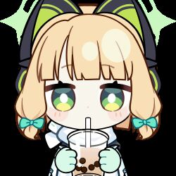 1girl animal_ear_headphones animal_ears animated animated_gif aqua_jacket blinking blonde_hair blue_archive blunt_bangs blunt_ends blush_stickers bow bright_pupils cat_ear_headphones cat_ears chunye_haruya commission cup disembodied_hand disposable_cup dot_nose drinking drinking_straw drinking_straw_in_mouth fake_animal_ears gloves green_bow green_eyes green_gloves green_halo hair_bow halo headphones holding holding_cup jacket looking_at_viewer low-tied_sidelocks lowres midori_(blue_archive) midori_(winter)_(blue_archive) milk_tea missing_commentary multicolored_jacket official_alternate_costume scarf second-party_source short_hair sidelocks simple_background solo text_print transparent_background upper_body white_jacket white_pupils white_scarf winter_clothes