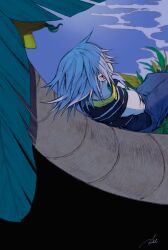 1boy blue_pants feet_out_of_frame food fruit grey_hair kingdom_hearts kingdom_hearts_i leaf long_hair lying male_focus mim_(mimya0600) night on_back palm_tree pants paopu_fruit plant riku_(kingdom_hearts) shirt short_sleeves signature solo tree water