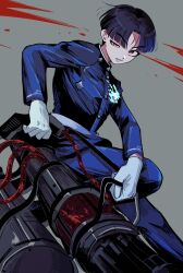 1boy black_hair eyelashes gatling_gun gloves grey_background gun highres holding holding_gun holding_minigun holding_weapon looking_at_viewer male_focus maruko_gaku minigun red_eyes simple_background solo standing the_hundred_line_-last_defense_academy- weapon white_gloves