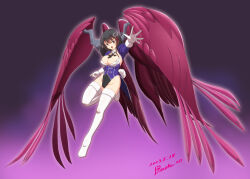 Rule 34 | 1girl, adapted costume, black hair, bob cut, breasts, brown eyes, cleavage, coattails, cropped jacket, dated, gloves, gundam wing: endless waltz, haguro (kancolle), haguro kai ni (kancolle), hair ornament, highleg, highleg leotard, jacket, kantai collection, large breasts, leotard, moke ro, multicolored leotard, purple jacket, purple wings, rabbit tail, short hair, solo, super robot wars, super robot wars dd, tail, twitter username, white gloves, wings