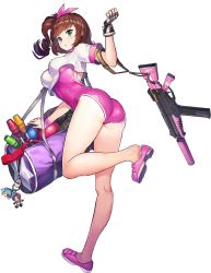 1girl arched_back ass athletic_leotard bag bag_charm ball black_gloves blush breasts brown_hair character_name charm_(object) clenched_hand coco_mercury covered_erect_nipples crop_top crop_top_overhang drill_hair duffel_bag fingerless_gloves full_body game_cg gloves green_eyes gun gym_shirt gym_uniform gymnastics hair_ribbon hand_up highleg highres juggling_club kneepits last_origin leg_up legs leotard leotard_under_clothes looking_at_viewer looking_back lrl_(last_origin) magazine_(weapon) medium_breasts medium_hair multicolored_gloves official_art one_side_up open_bag paintale parted_lips pink_leotard pink_ribbon pink_shoes red_ribbon rhythmic_gymnastics ribbon ribbon_baton rifle shirt shoe_dangle shoes short_sleeves single_glove solo standing standing_on_one_leg star_(symbol) star_print strap suppressor tachi-e thighs tomo_(last_origin) transparent_background unzipped weapon white_gloves white_shirt wristband zipper zipper_pull_tab