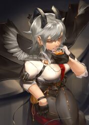1girl absurdres arm_pouch armband black_armband black_gloves black_horns black_pants black_pouch black_tail breasts chest_harness collared_shirt commentary crossed_legs cup curled_horns demon_tail drinking_glass earrings from_above gloves grey_hair hair_between_eyes harness high-waist_pants highres holding holding_cup horns jewelry key_earrings large_breasts long_hair looking_ahead necktie pants parted_lips red_eyes red_necktie shirt solo tail tight_clothes tight_pants tomi_(user_etxn7372) white_shirt wuthering_waves zani_(wuthering_waves)