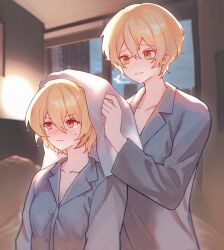 1boy 1girl alternate_costume blonde_hair blush buhuaixiaoguai collarbone couple don_quixote_(project_moon) drying drying_another&#039;s_hair drying_hair hair_between_eyes height_difference hetero highres indoors limbus_company pajamas project_moon short_hair sinclair_(project_moon) smile sweat upper_body white_pajamas yellow_eyes