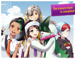 1boy 3girls arven_(pokemon) black_gloves black_hair blue_eyes blue_hair braid breast_pocket brown_hair closed_mouth cloud collared_shirt commentary_request dark-skinned_female dark_skin day double_v glasses gloves green_hair grey_eyes grin hair_over_one_eye hands_up hat hood hoodie hug jasumin_cha juliana_(pokemon) meowscarada multicolored_hair multiple_girls naranja_academy_school_uniform necktie nemona_(pokemon) nintendo orange_eyes orange_necktie outdoors penny_(pokemon) pocket pokemon pokemon_(creature) pokemon_sv ponytail purple_necktie red_hair round_eyewear school_uniform shirt short_sleeves single_glove sky smile teeth two-tone_hair typo v watermark