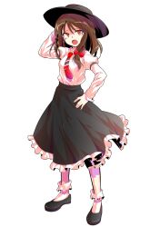 1girl alphes_(style) black_hat black_shoes black_skirt bobby_socks bow breasts brown_hair collared_shirt commentary_request dairi frilled_skirt frills full_body hair_between_eyes hair_bow hand_on_own_hip hat highres large_variant_set legs_apart long_hair long_sleeves medium_breasts necktie parody puffy_long_sleeves puffy_sleeves red_bow red_necktie shirt shoes skirt socks solo standing style_parody tachi-e touhou transparent_background usami_renko variant_set white_shirt white_socks