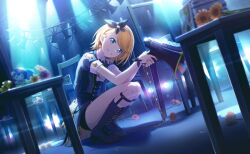 Rule 34 | 1girl, :d, black shoes, black shorts, blonde hair, blue eyes, blurry, book, book stack, chair, character doll, colorful palette, doll, dutch angle, earrings, flower, full body, game cg, grin, hairband, highres, holding, holding megaphone, jewelry, kagamine rin, kiritani haruka, medium hair, megaphone, official alternate costume, official alternate hairstyle, official art, open mouth, orange flower, project sekai, shirt, shoes, shorts, single earring, smile, socks, solo, squatting, table, teeth, third-party source, tsunagu painful hope (project sekai), vocaloid, white hairband, white shirt, white socks