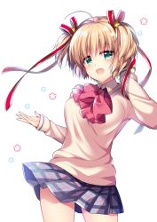 1girl :d blonde_hair blue_skirt bow brown_sweater collared_shirt commentary_request cowboy_shot female_focus green_eyes hair_between_eyes hair_bow hair_ornament highres kamikita_komari little_busters! open_mouth plaid_clothes plaid_skirt pleated_skirt red_bow ringo_sui school_uniform shirt simple_background skirt smile solo star_(symbol) star_hair_ornament sweater two_side_up white_background white_shirt