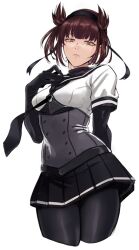 Rule 34 | 1girl, black bodysuit, bodysuit, breasts, brown hair, corset, hachimaki, hatsuzuki (kancolle), headband, kantai collection, medium breasts, neckerchief, orange eyes, pleated skirt, sailor collar, short hair, skirt, solo, thighs, tsukumo nikyu