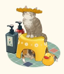:3 absurdres animal animal_focus bath_stool bottle calico cat closed_eyes closed_mouth grey_cat highres kitten no_humans oimo_imoo original rubber_duck shampoo_hat stool tile_floor tiles white_background