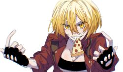 1girl blonde_hair breasts cleavage dante_(devil_may_cry) devil_may_cry_(series) don_quixote_(project_moon) fingerless_gloves food gloves highres index_finger_raised jacket limbus_company medium_breasts open_clothes open_jacket pizza pizza_slice project_moon red_jacket sharp_teeth short_hair sleeves_rolled_up slit_pupils solo strapless teeth tube_top yellow_eyes zydzvai