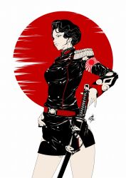 1girl belt breasts commentary_request epaulettes expressionless highres jacket limited_palette military_uniform miniskirt original rising_sun_flag short_hair skirt small_breasts solo sunburst yamada_satoshi