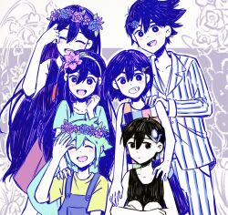 2girls 4boys absurdres antenna_hair arm_up aubrey_(headspace)_(omori) aubrey_(omori) bailan1130 basil_(headspace)_(omori) basil_(omori) black_tank_top blue_overalls blue_shirt chinese_commentary closed_eyes collarbone collared_shirt colored_skin commentary_request flower green_hair hair_flower hair_ornament hairclip head_wreath hero_(headspace)_(omori) hero_(omori) highres kel_(headspace)_(omori) kel_(omori) knees_up long_hair long_sleeves mari_(headspace)_(omori) mari_(omori) multiple_boys multiple_girls omori omori_(omori) open_mouth overalls pajamas purple_eyes purple_hair purple_sweater_vest shirt short_sleeves sweater_vest t-shirt tank_top teeth upper_teeth_only white_skin yellow_shirt